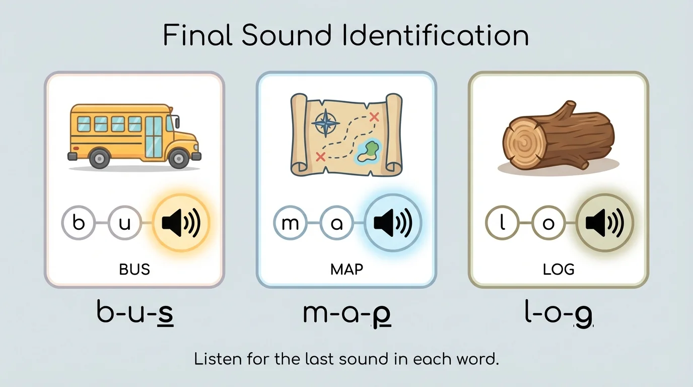 picture cards for bus, map, log with the last sound emphasized at the end of each word