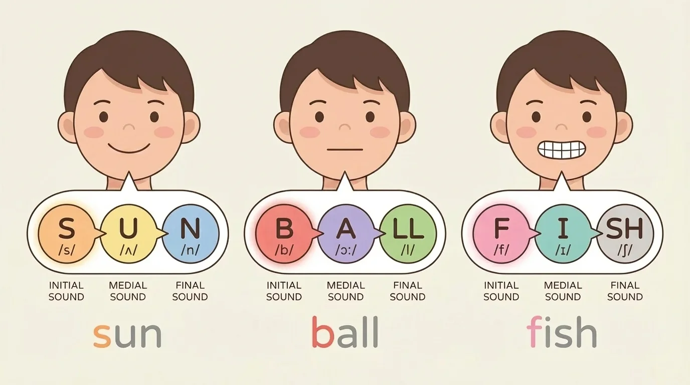 child saying words sun, ball, fish with the first sound highlighted by mouth and sound bubbles