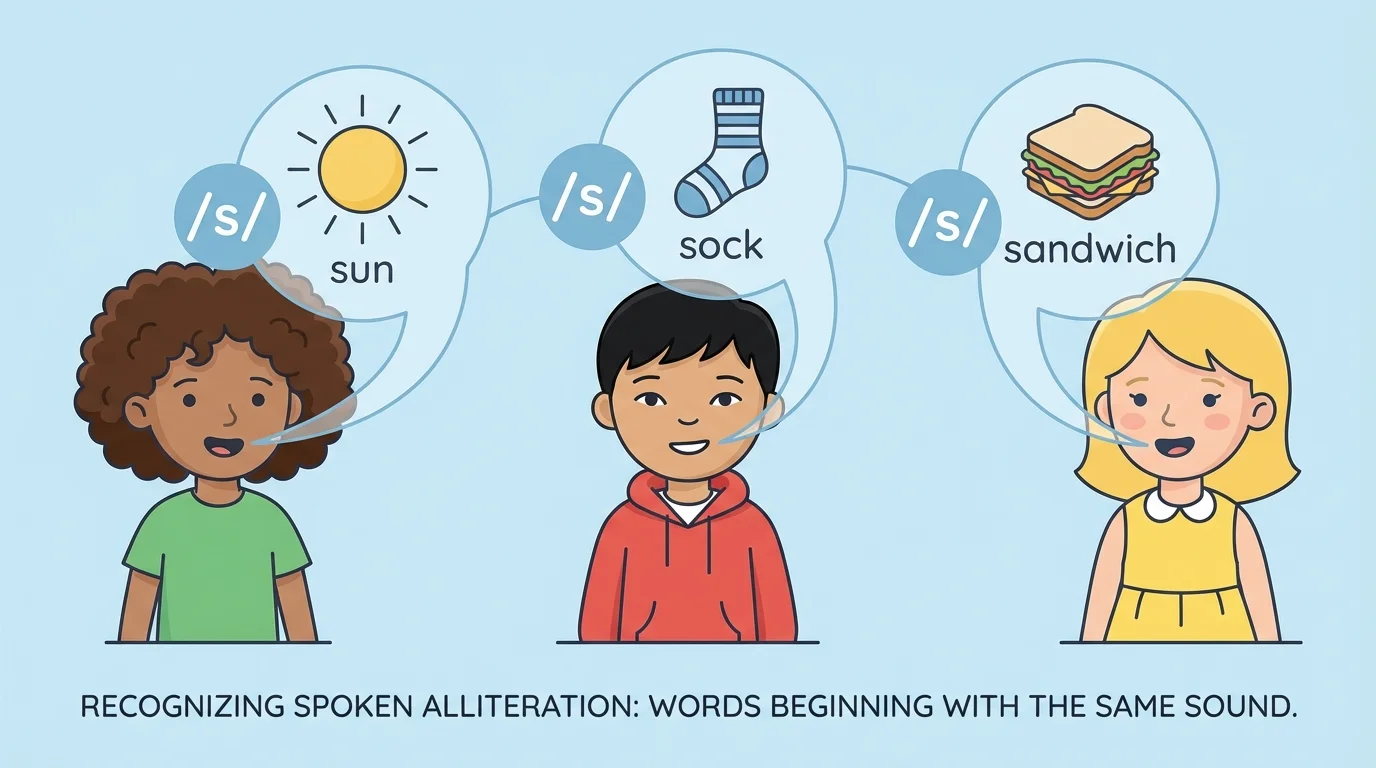 children saying the words sun, sock, and sandwich, with matching /s/ beginning sounds shown in simple sound bubbles near their mouths