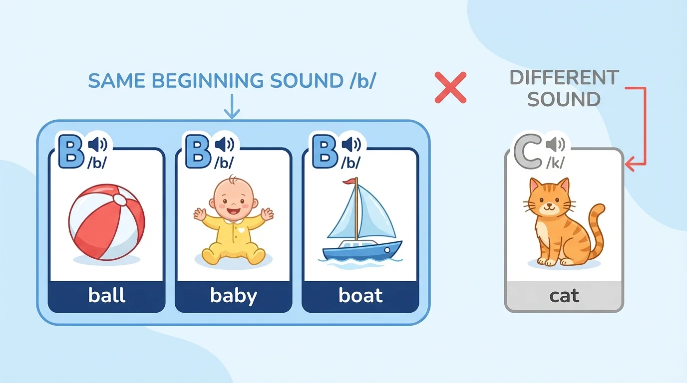 picture cards grouped by beginning sound, showing ball, baby, and boat together for /b/, with cat set apart as a different beginning sound