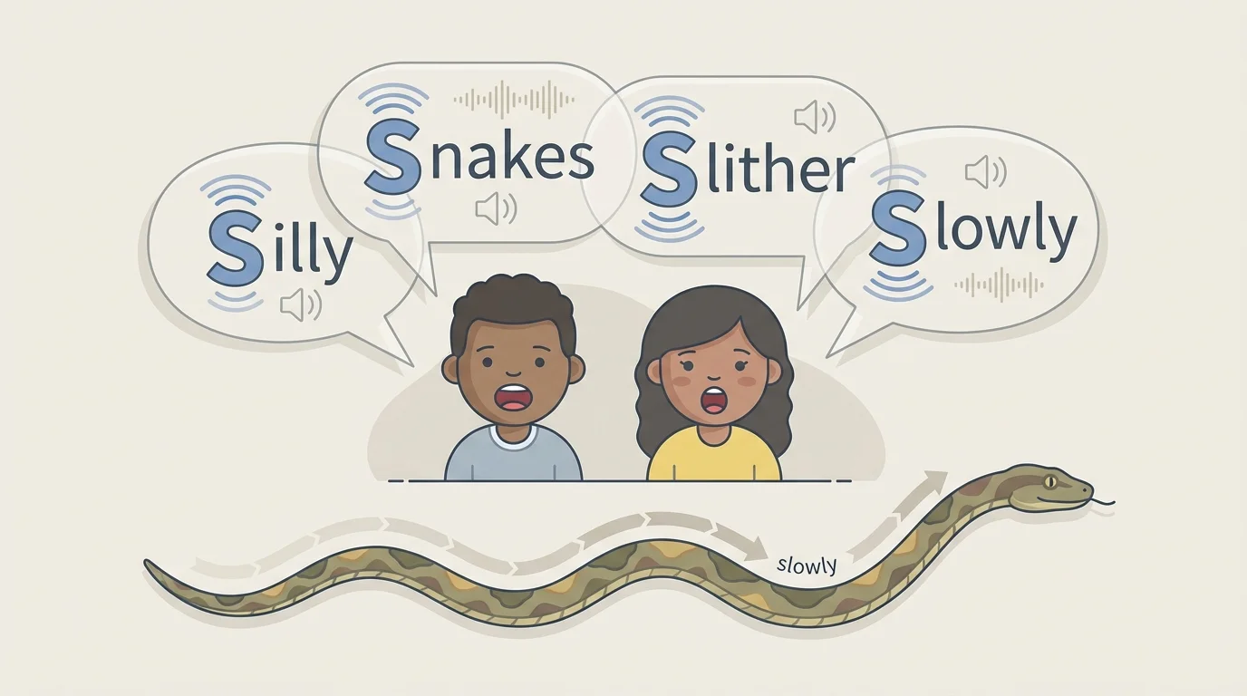 children reciting "Silly snakes slither slowly," with repeated /s/ sounds shown in simple speech bubbles and a snake moving slowly