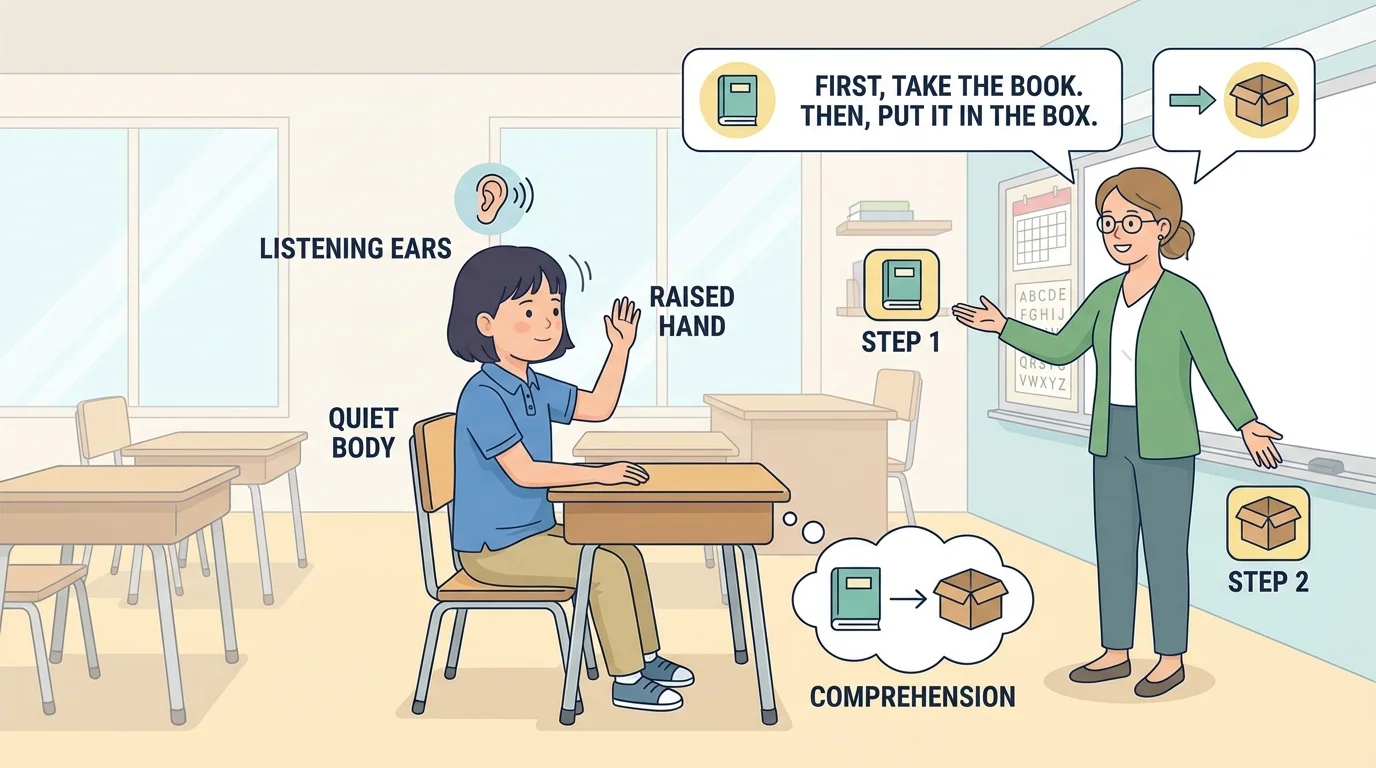 Classroom scene with child looking at teacher, quiet body, listening ears, raised hand, and nodding