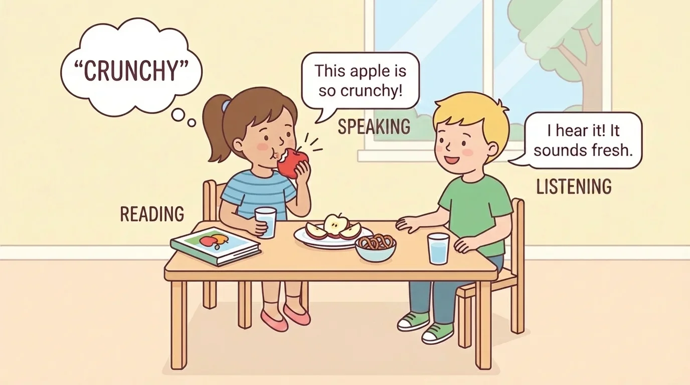 Two children talking at snack time, one using the word crunchy to describe an apple