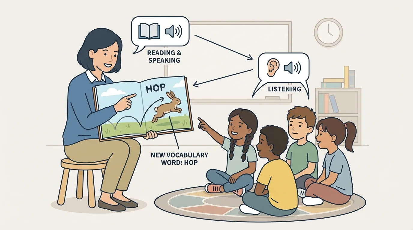 Teacher reading a picture book to children, pointing to a rabbit hopping while the word hop is being discussed