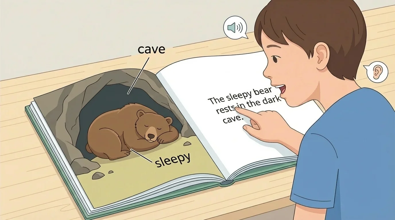 Open picture book showing a bear in a cave with labels for cave and sleepy, child looking at the picture
