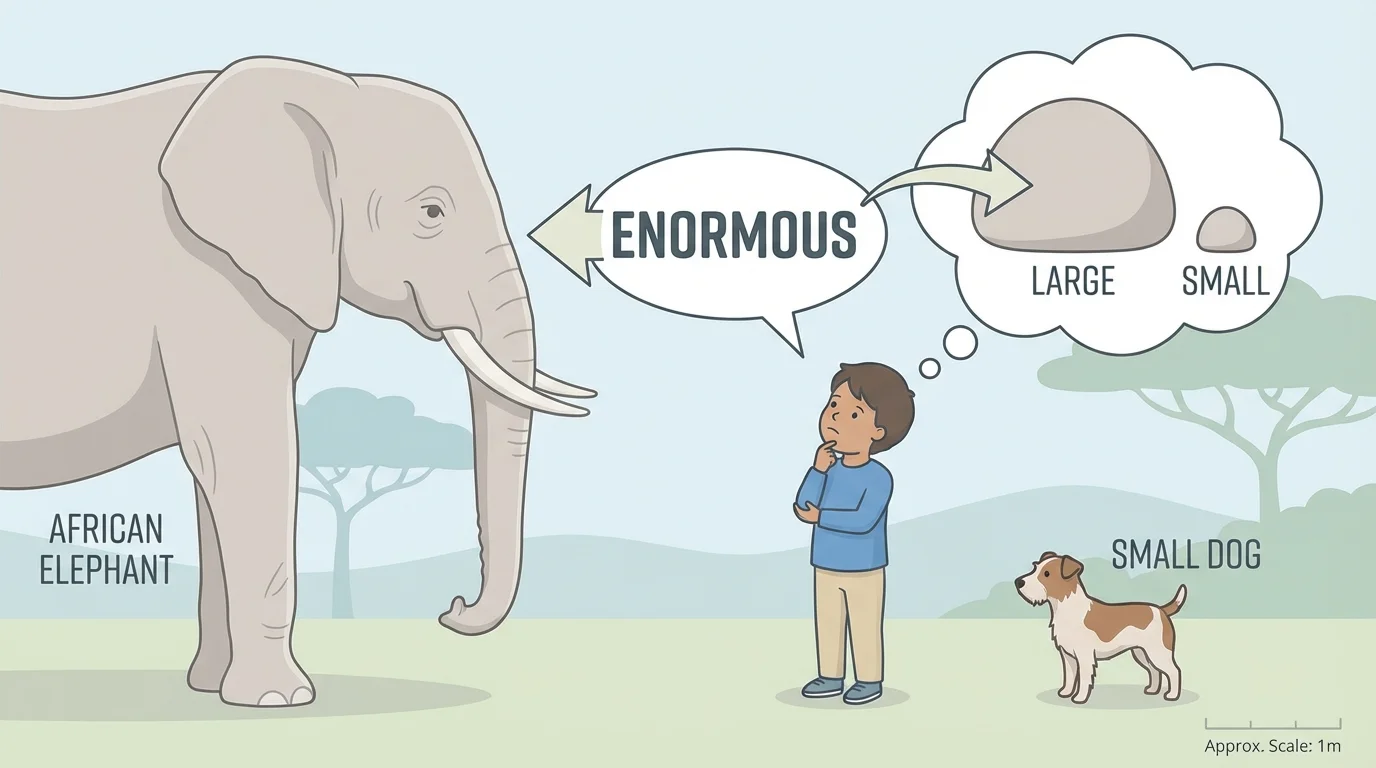 child hearing the word 'enormous' while comparing a very large elephant and a much smaller dog, showing size contrast clearly