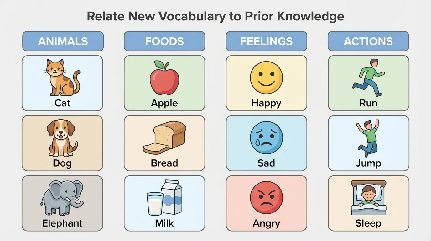 simple picture chart with four groups labeled animals, foods, feelings, and actions, each containing a few clear example pictures