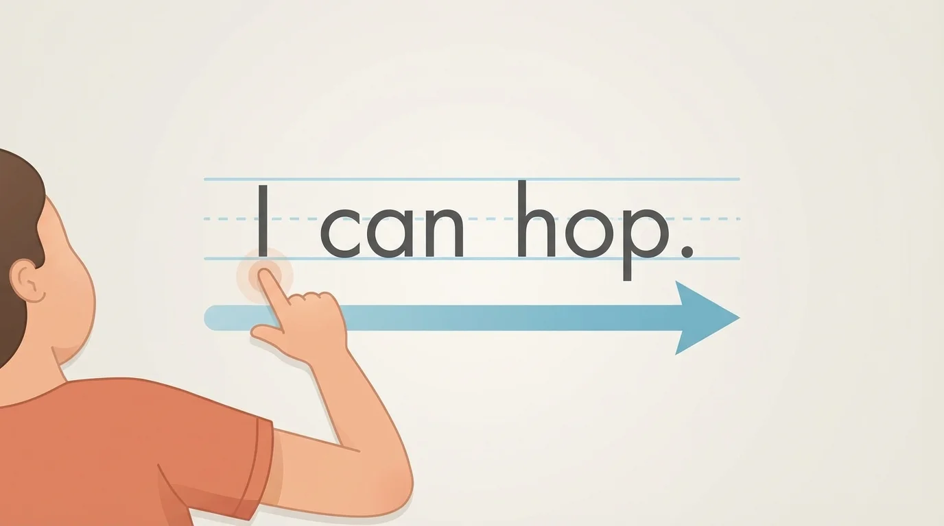 Short sentence "I can hop." on a line with an arrow moving left to right and a child pointing to each word in order