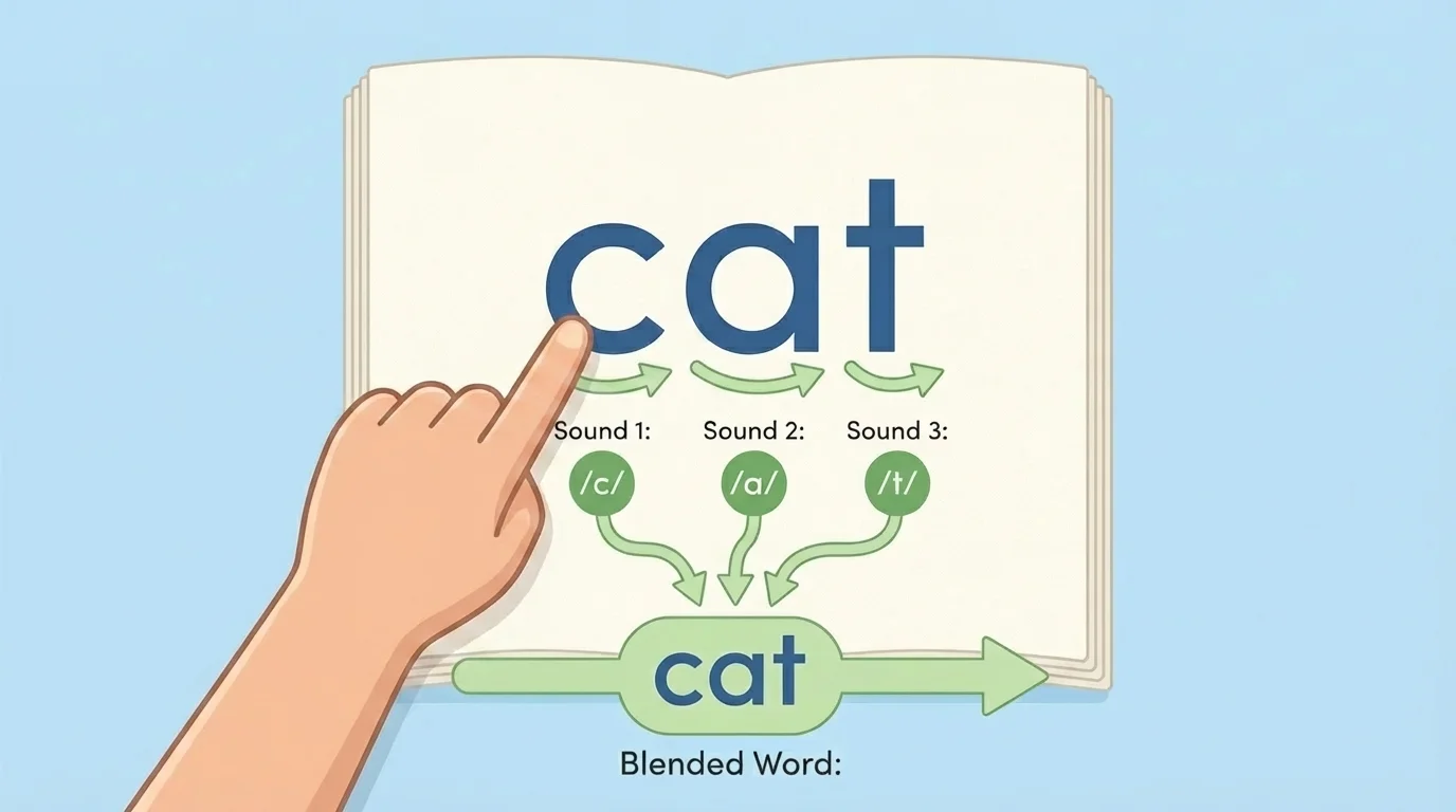 Child finger-pointing to the letters c-a-t with arrows showing the sounds /c/ /a/ /t/ blending into the word cat