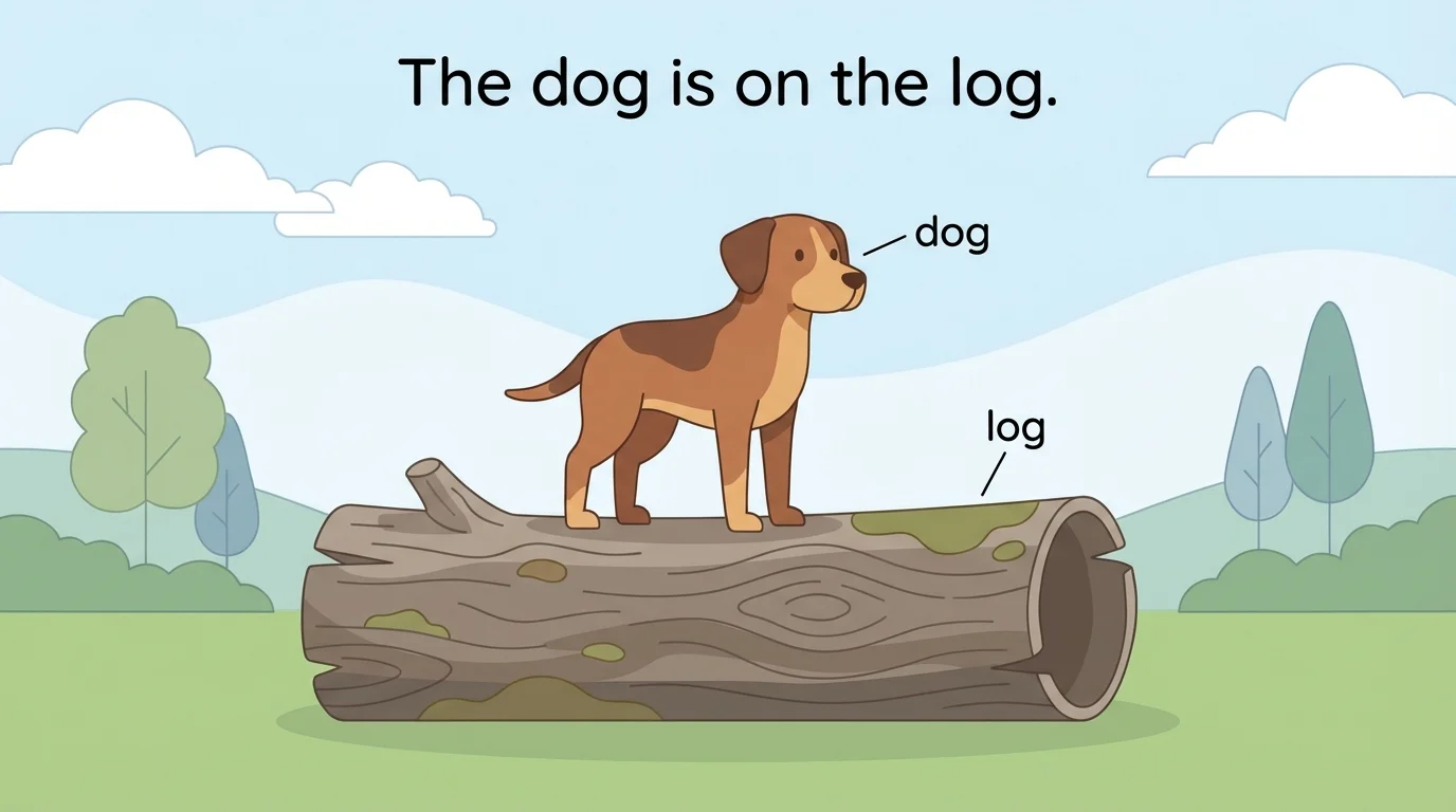 Sentence "The dog is on the log." with a matching picture of a dog standing on a log and simple labels dog and log