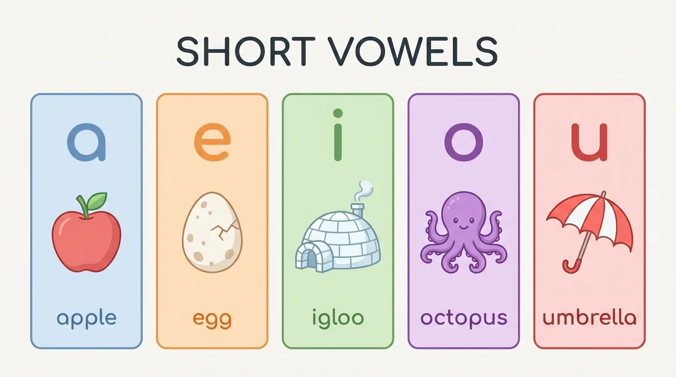 short vowel chart with a, e, i, o, u and keyword pictures apple, egg, igloo, octopus, umbrella