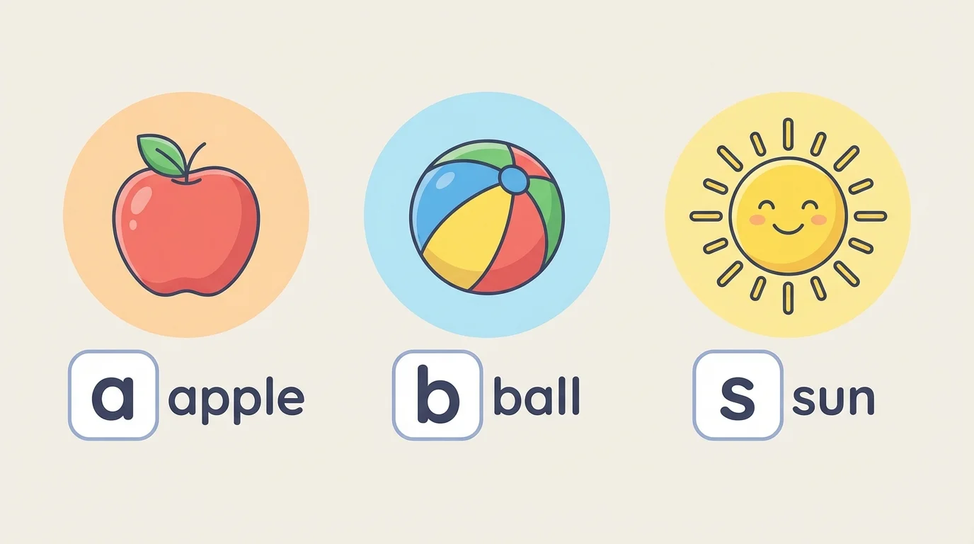 child-friendly set of pictures apple, ball, and sun with their beginning letters a, b, s highlighted clearly