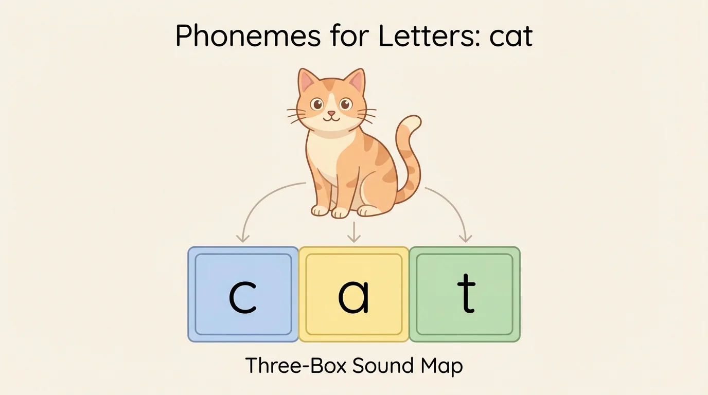three-box sound map for the word cat with a cat picture and one sound in each box c, a, t