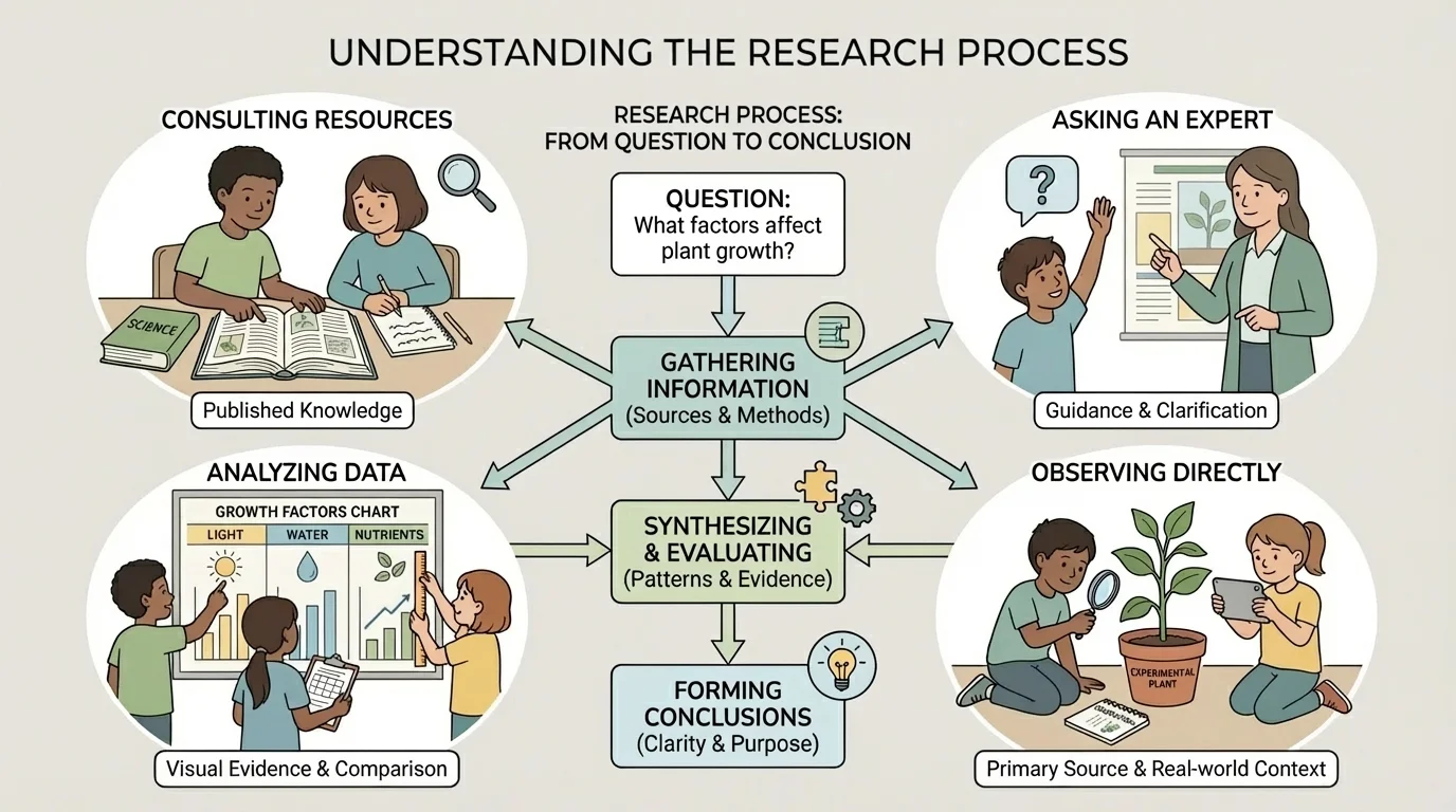 children in a classroom group using a book, asking a teacher, studying a picture chart, and observing a plant together