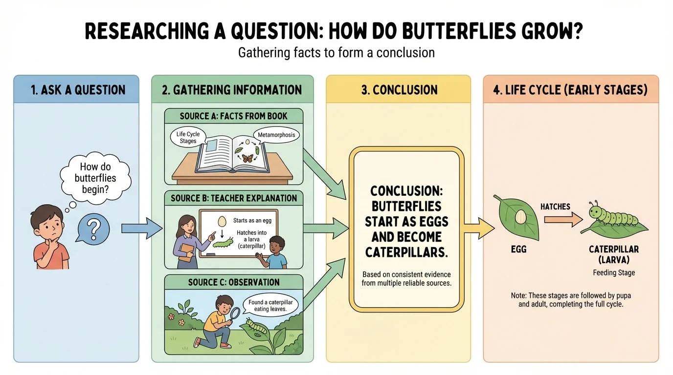 question about butterflies leading to facts from book, teacher, and observation, ending with conclusion that butterflies start as eggs and become caterpillars