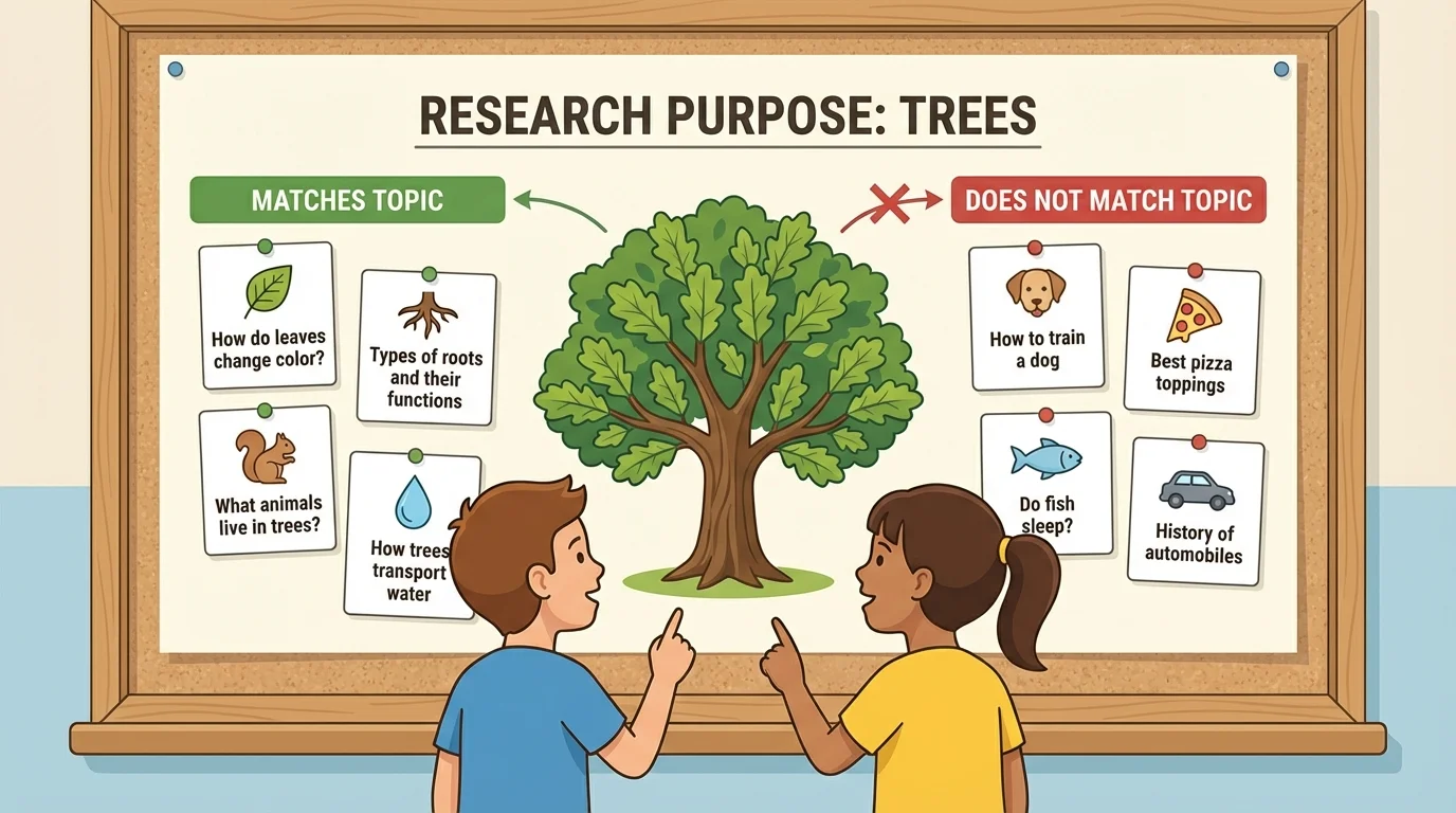 children looking at a classroom chart with a tree topic and question cards sorted into 'matches' and 'does not match'