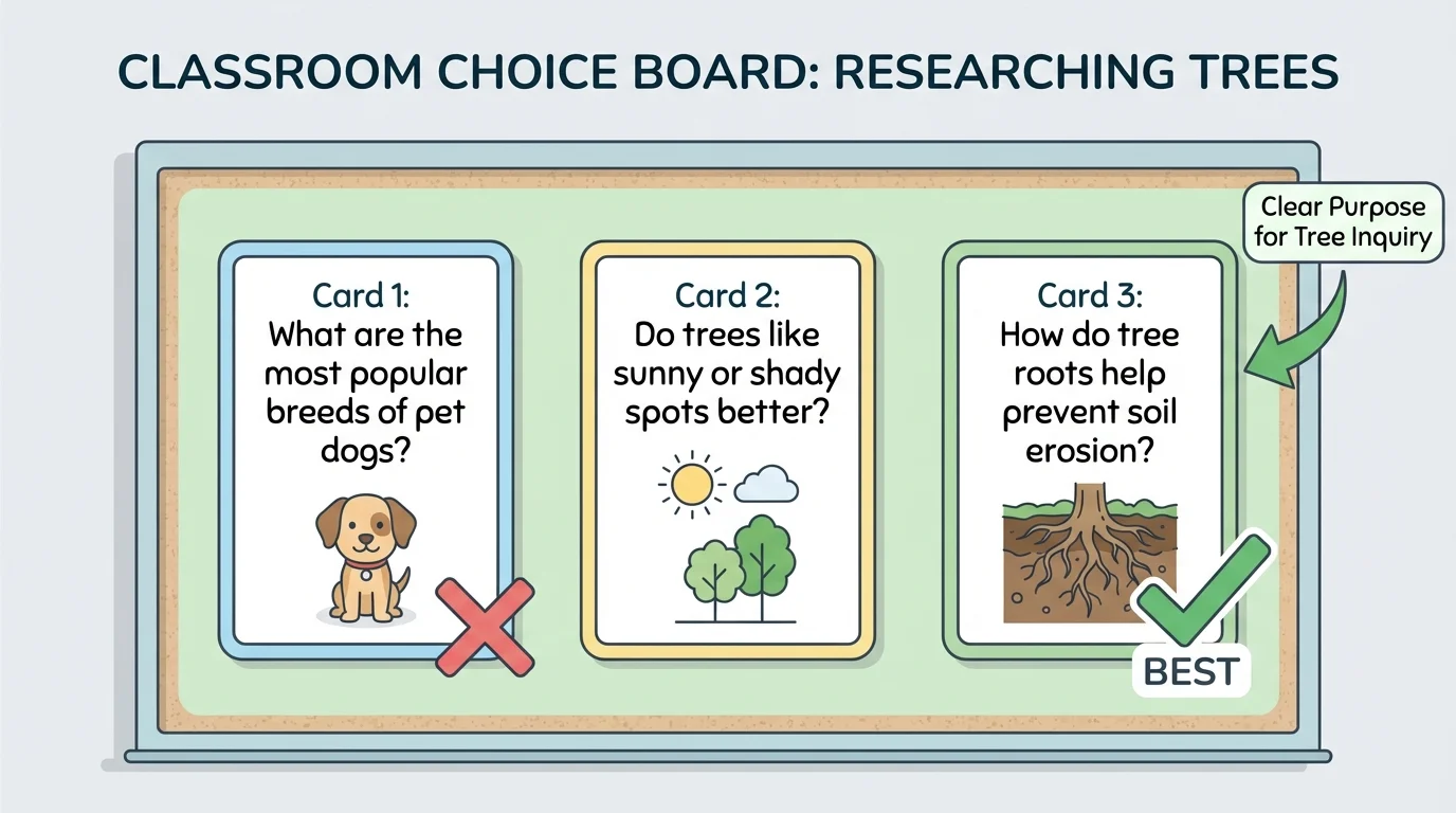 simple classroom choice board with three question cards about trees, one marked with a check as the best research question