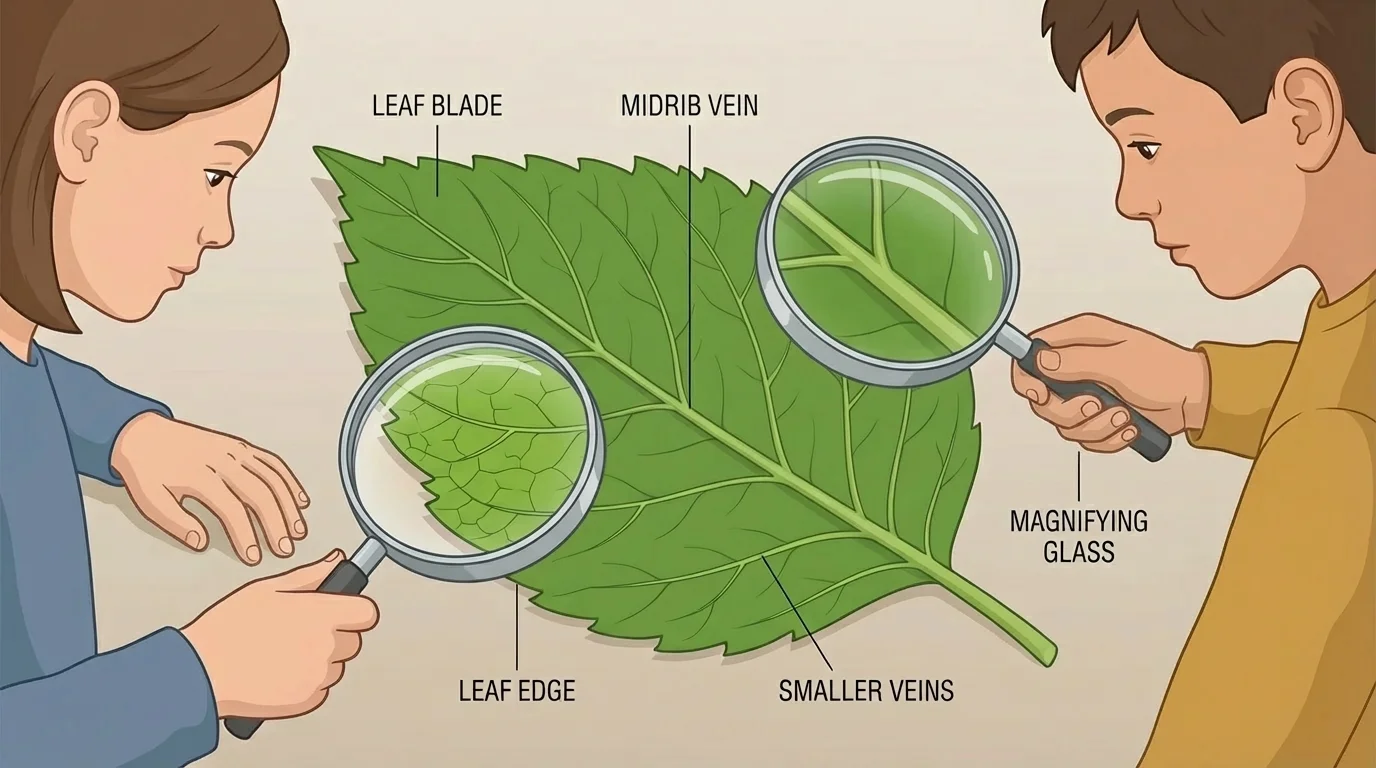 children using magnifying glasses to observe one leaf, with clear visible details like veins, green color, and leaf edges