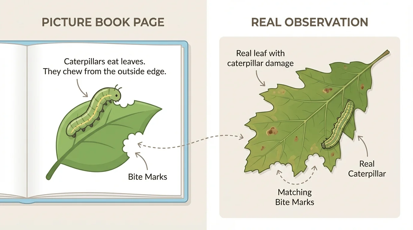side-by-side comparison of a picture book page about caterpillars and a real plant leaf with bite marks, showing matching details