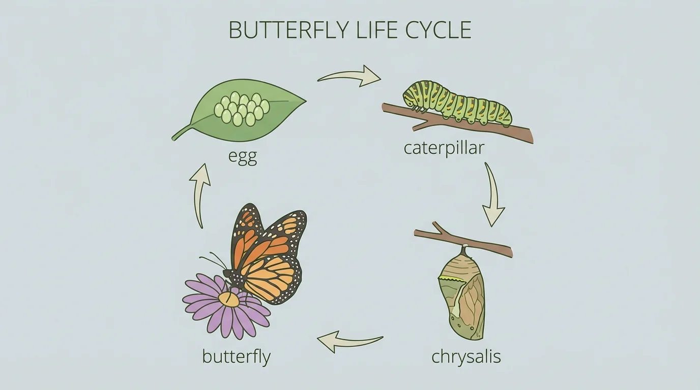 four-stage life cycle of a butterfly with arrows and simple labels egg, caterpillar, chrysalis, butterfly