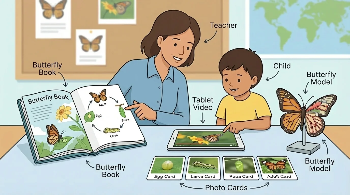 classroom scene with child, teacher, butterfly book, tablet video, photo cards, and butterfly model labeled with simple source names