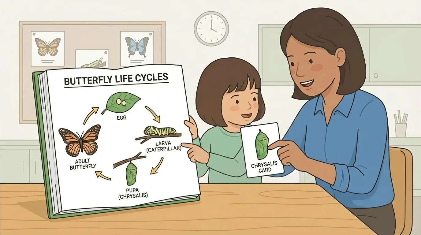 child comparing a butterfly book and picture card while a teacher helps check a life cycle fact