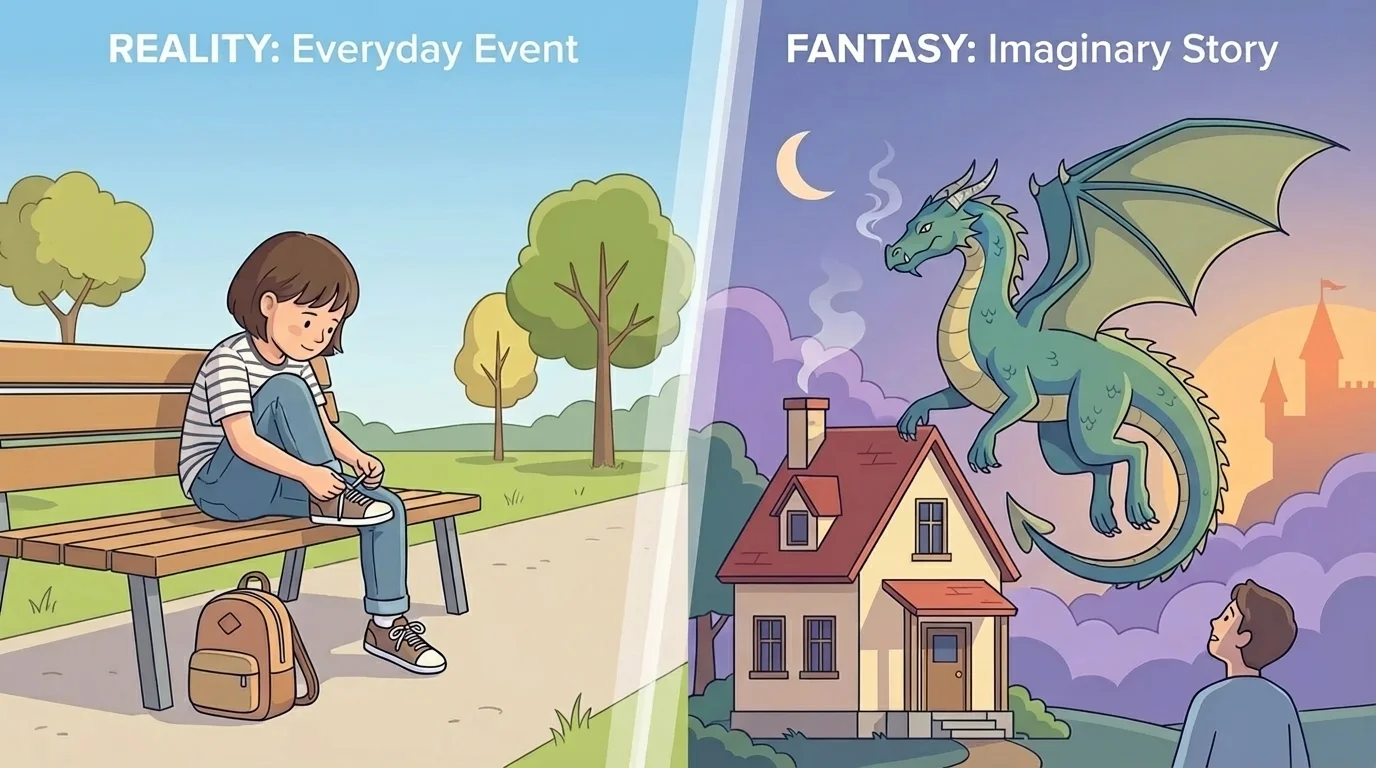 side-by-side scene of a child tying shoes on one side and a dragon flying over a house on the other