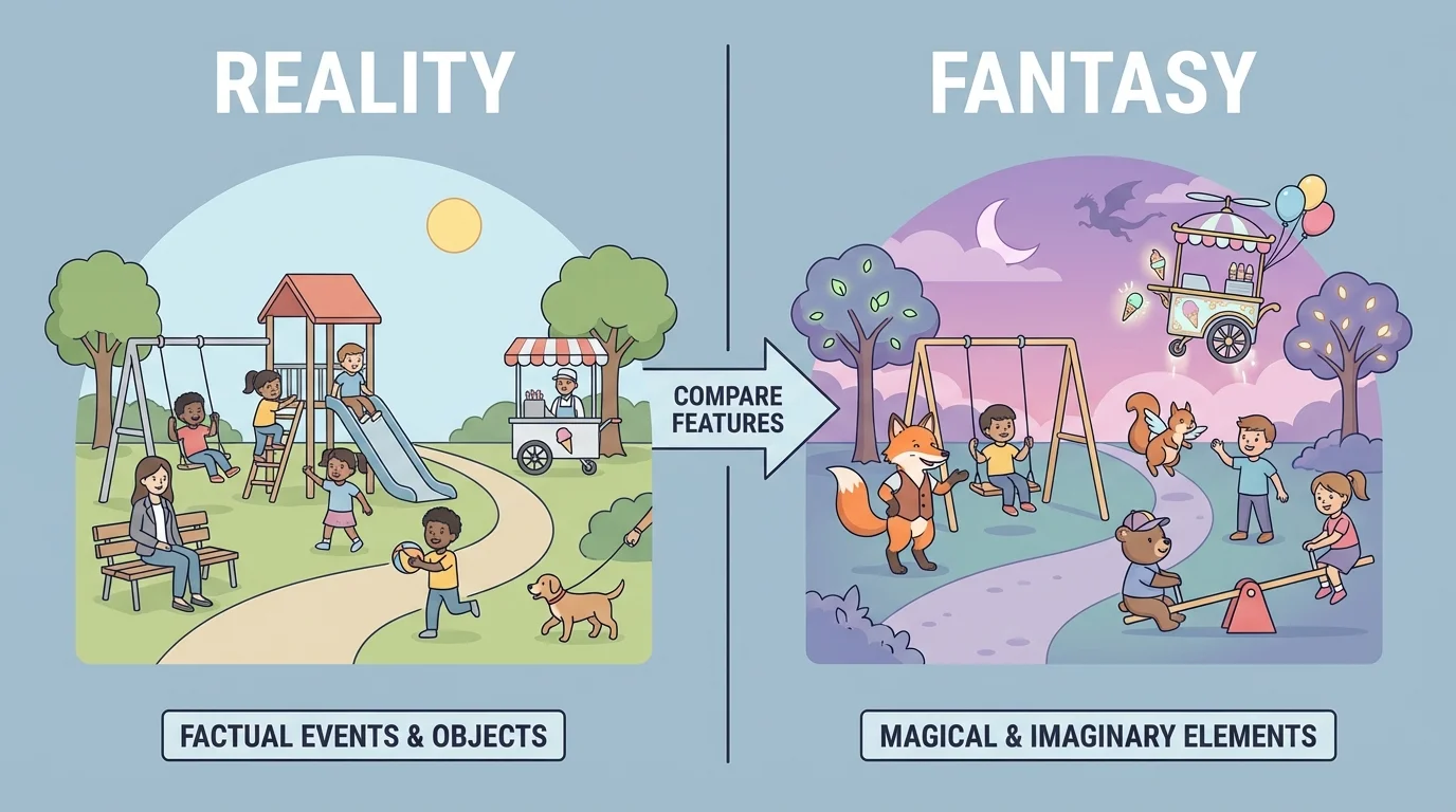 split scene with a normal park and children playing on one side, and the same park with talking animals and a floating ice-cream cart on the other