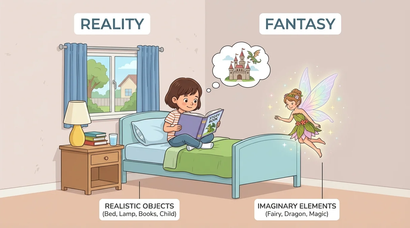 normal child bedroom with bed, lamp, books, and a tiny fairy sitting on the bed while the child reads a book