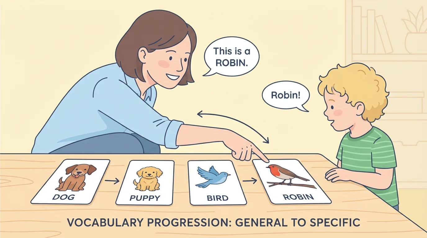 child looking at pictures of a dog, puppy, bird, and robin while an adult points and names each one