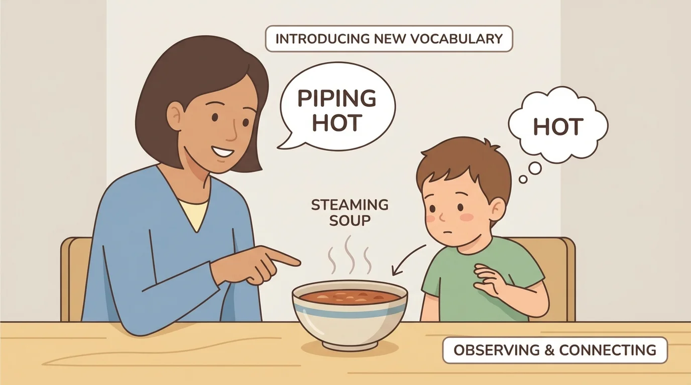 adult saying a new word while pointing to a steaming bowl of soup and a child noticing the hot soup and careful expression
