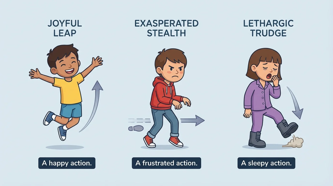 three children showing happy, frustrated, sleepy faces and actions like hop, tiptoe, and stomp