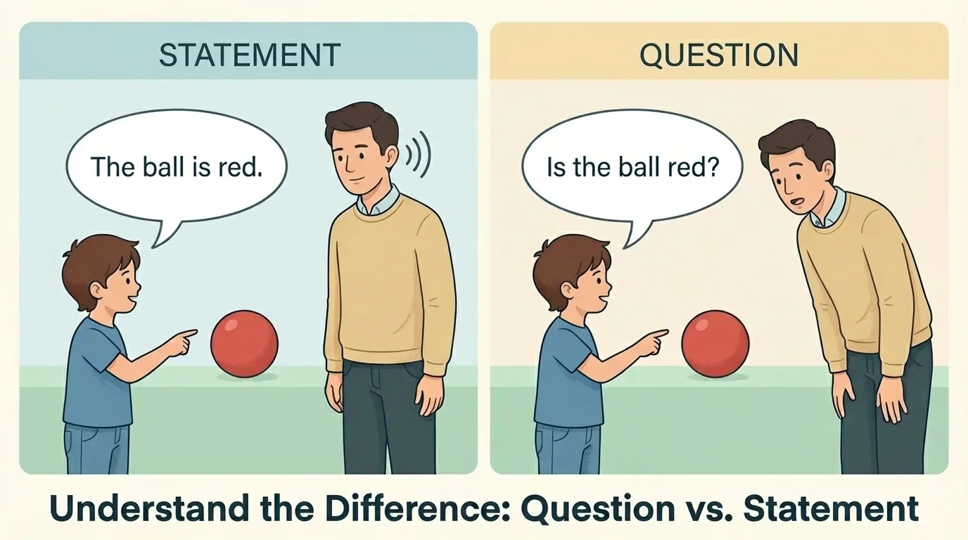 Child pointing to a red ball and saying it is red, with calm speaking posture and a listening adult nearby