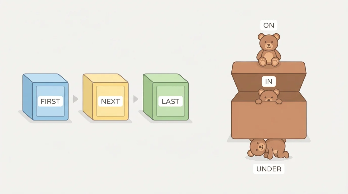 toy blocks showing first-next-last and teddy bear placed on, under, and in a box
