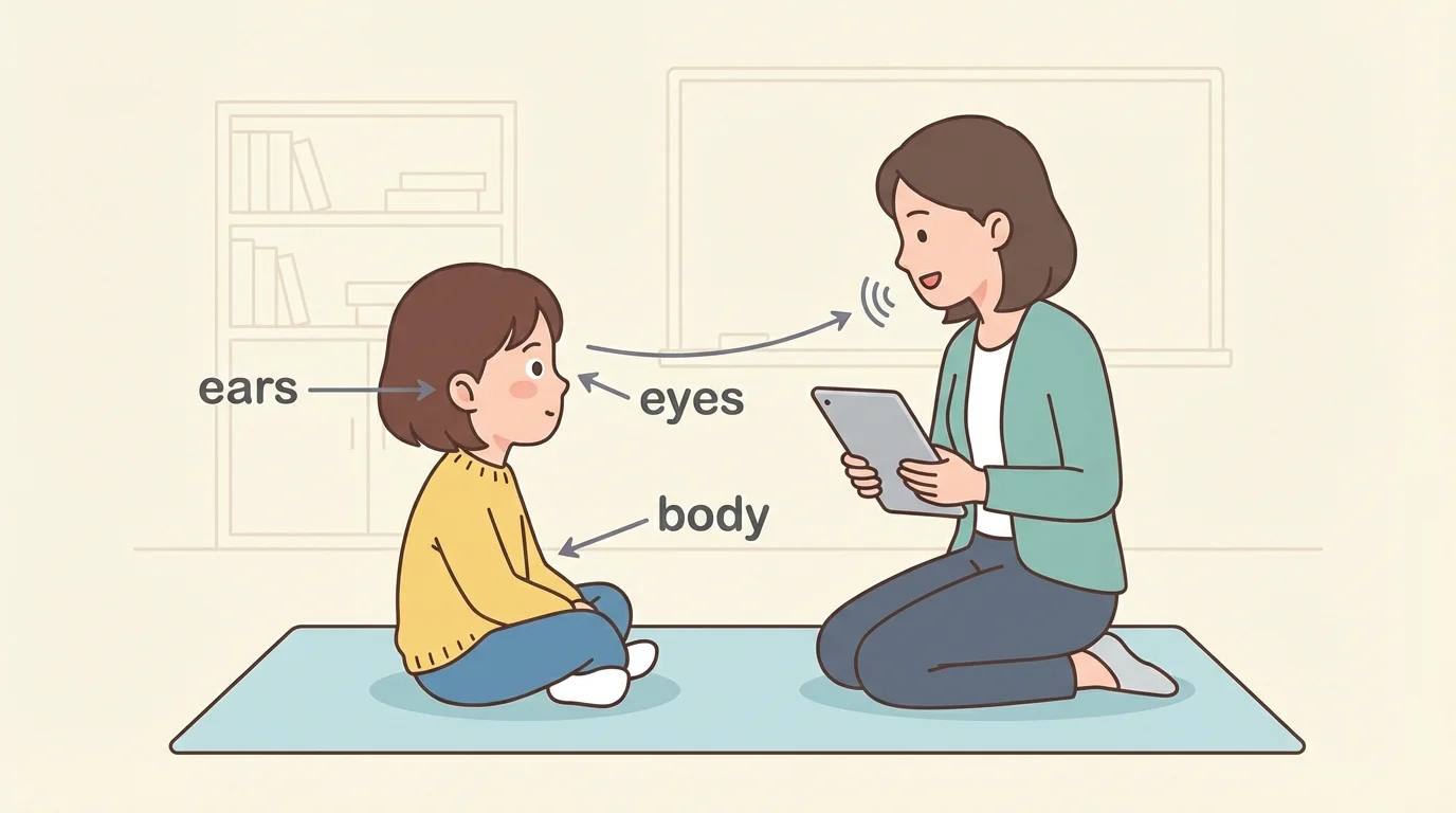 Child listening to a teacher with eyes looking, ears attentive, and body still, with simple labels ears, eyes, body