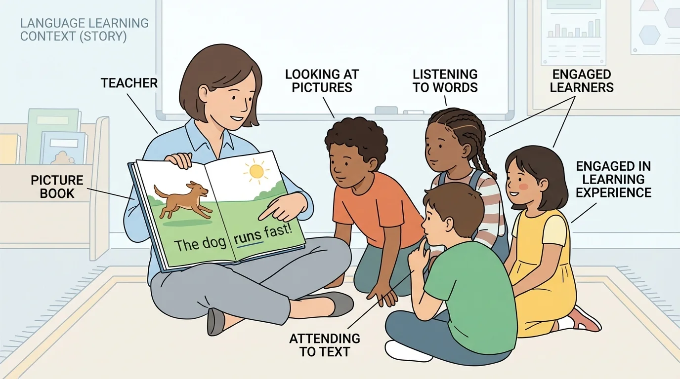 Teacher reading a picture book about a dog running, with children looking at pictures and listening to story words