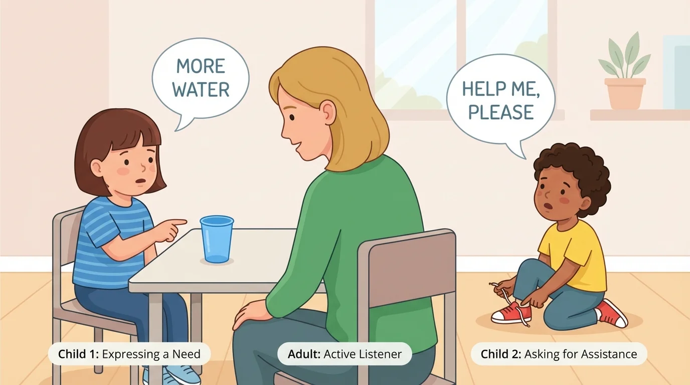 Child at a table pointing to cup and saying more water, another child asking for help with shoe, adult listening