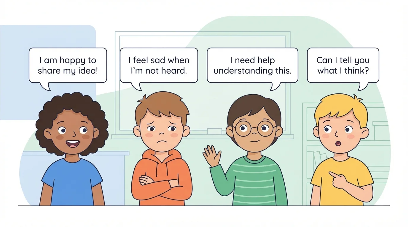 Children showing different feelings with facial expressions and short speech bubbles like I am happy and I feel sad