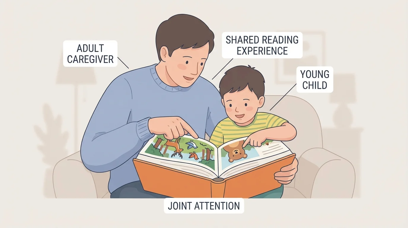 Adult and young child sitting together, pointing to pictures in a large picture book during storytime