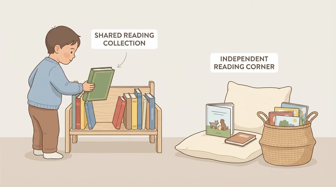 Child placing a book gently on a shelf and another book in a cozy reading corner with pillow and basket of books