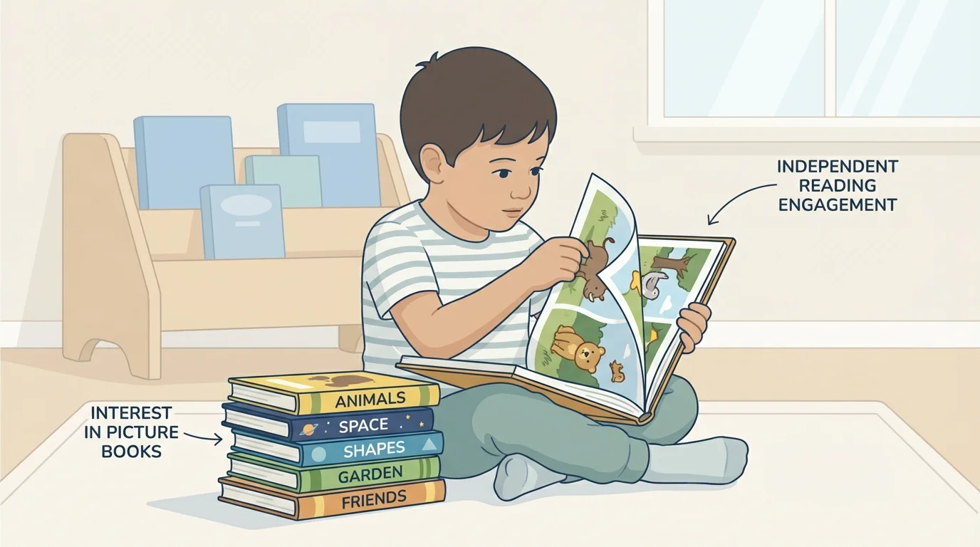 Young child sitting with a small stack of picture books, turning pages, looking closely at pictures, and holding book upright