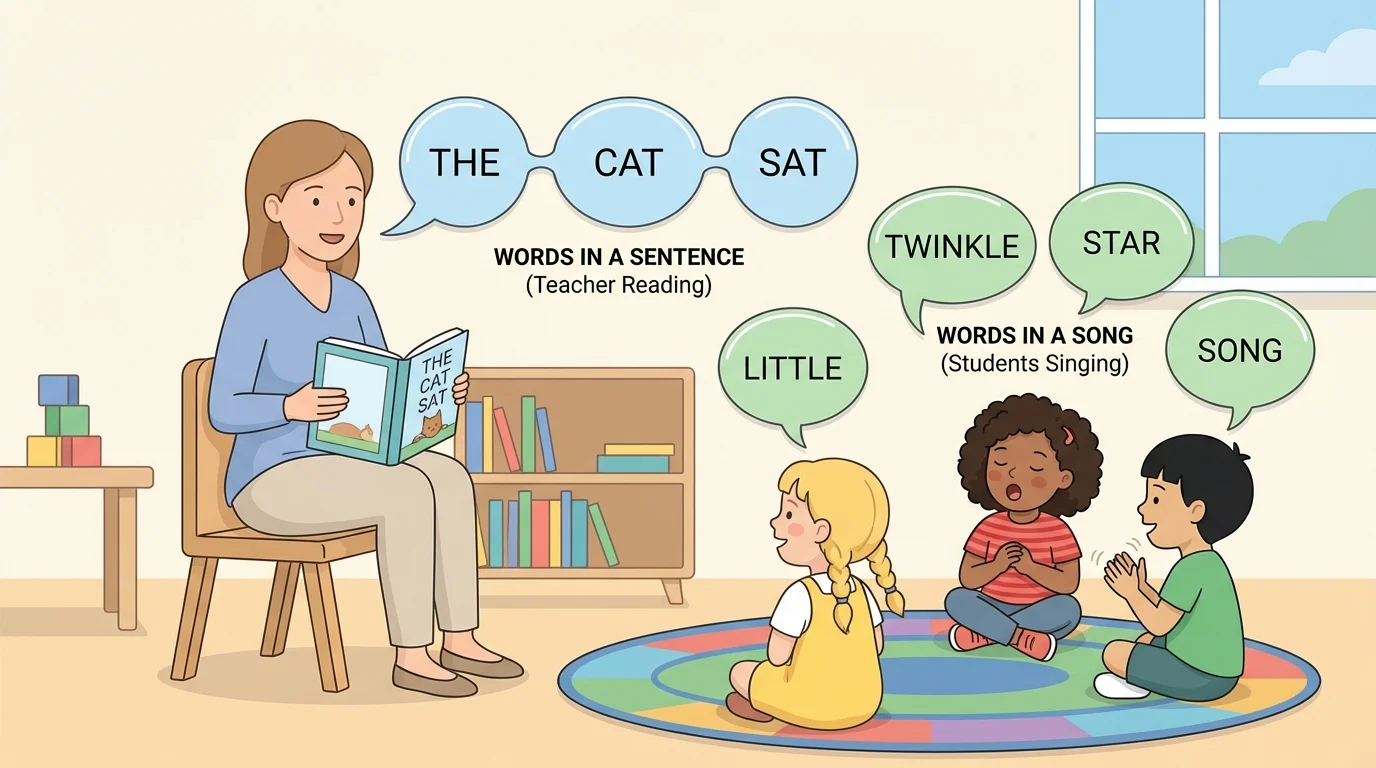 Preschool classroom scene with teacher reading, children singing, and labeled speech bubbles for everyday words