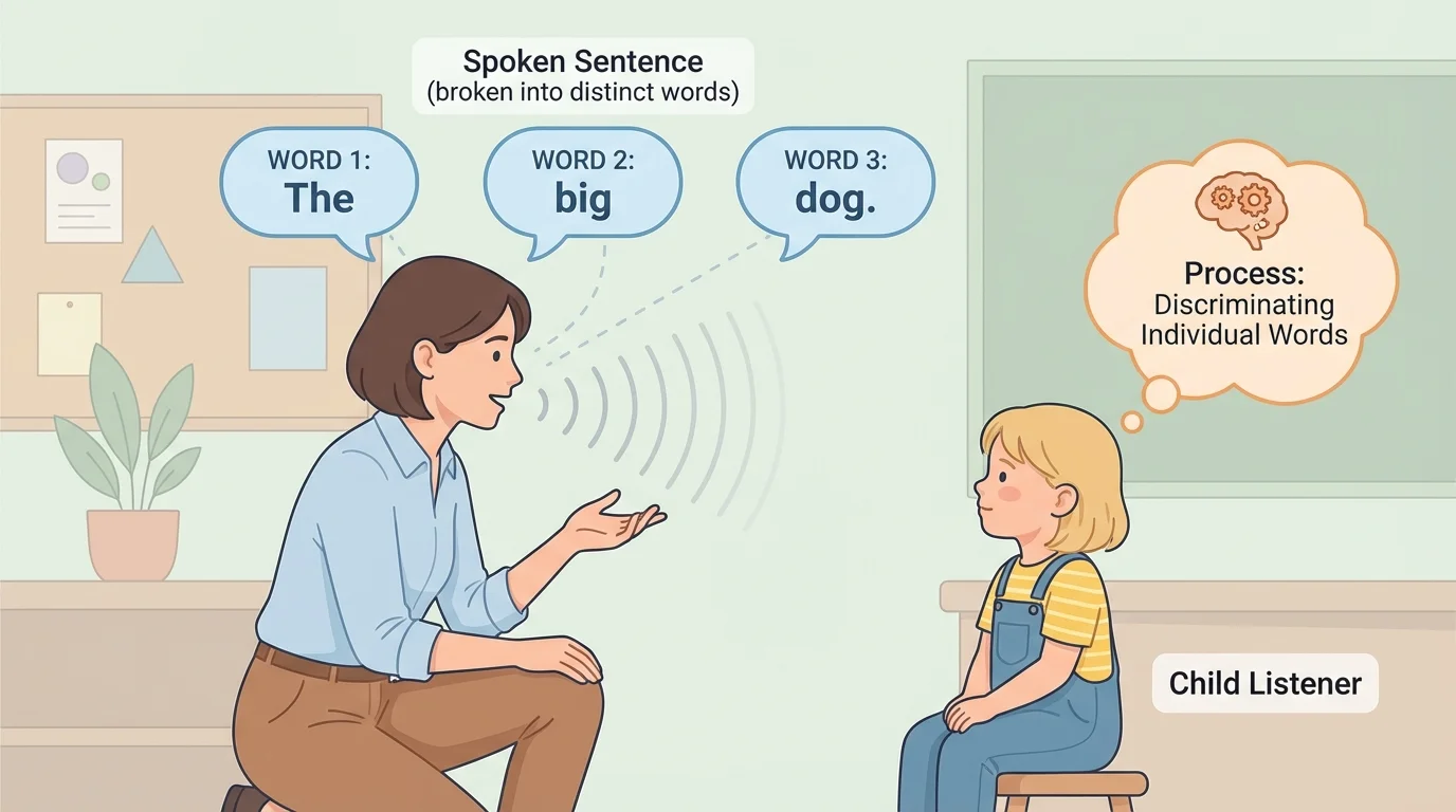 Child listening to an adult say a short sentence with three separate word bubbles above them
