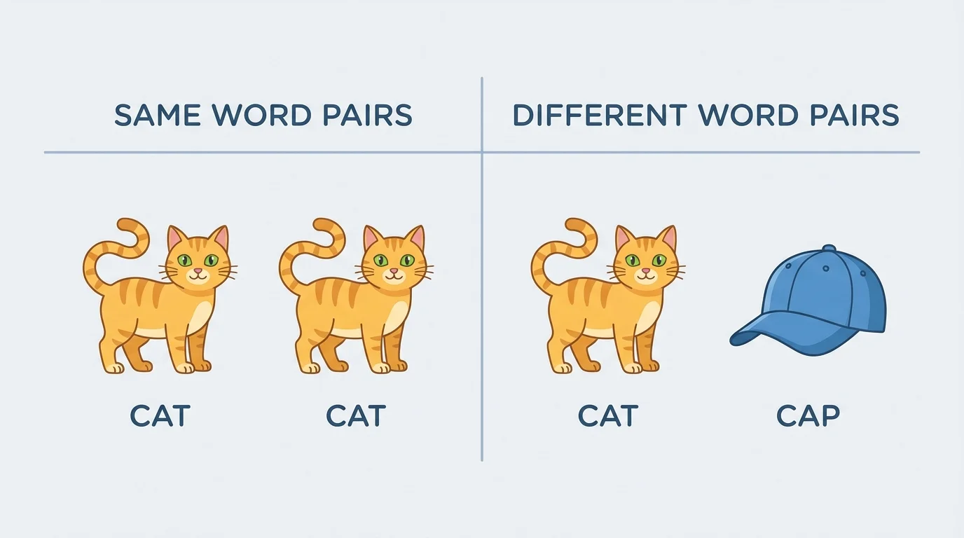 Simple comparison chart with picture pairs for same word and different word examples such as cat-cat and cat-cap