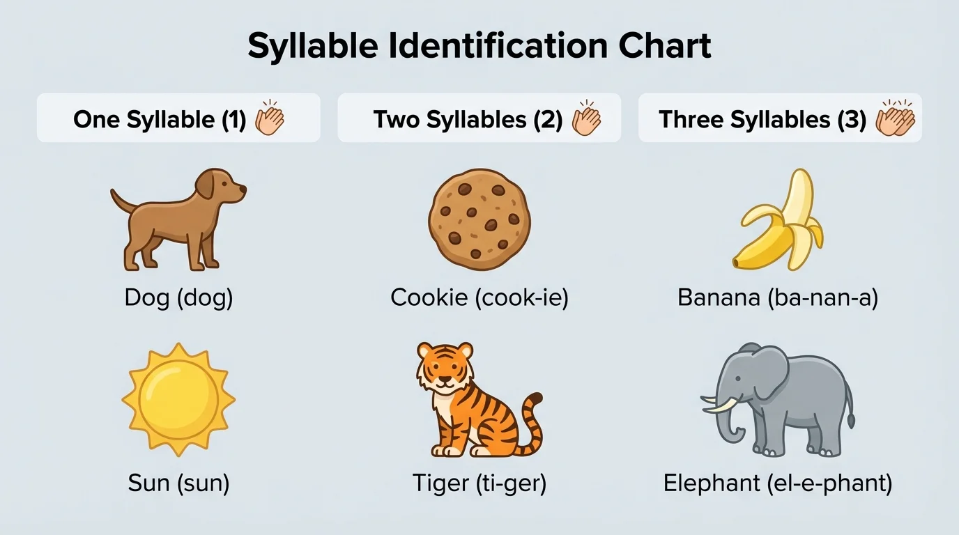 Simple picture chart grouping words by one syllable, two syllables, and three syllables using pictures for dog, cookie, banana, tiger, sun, and elephant