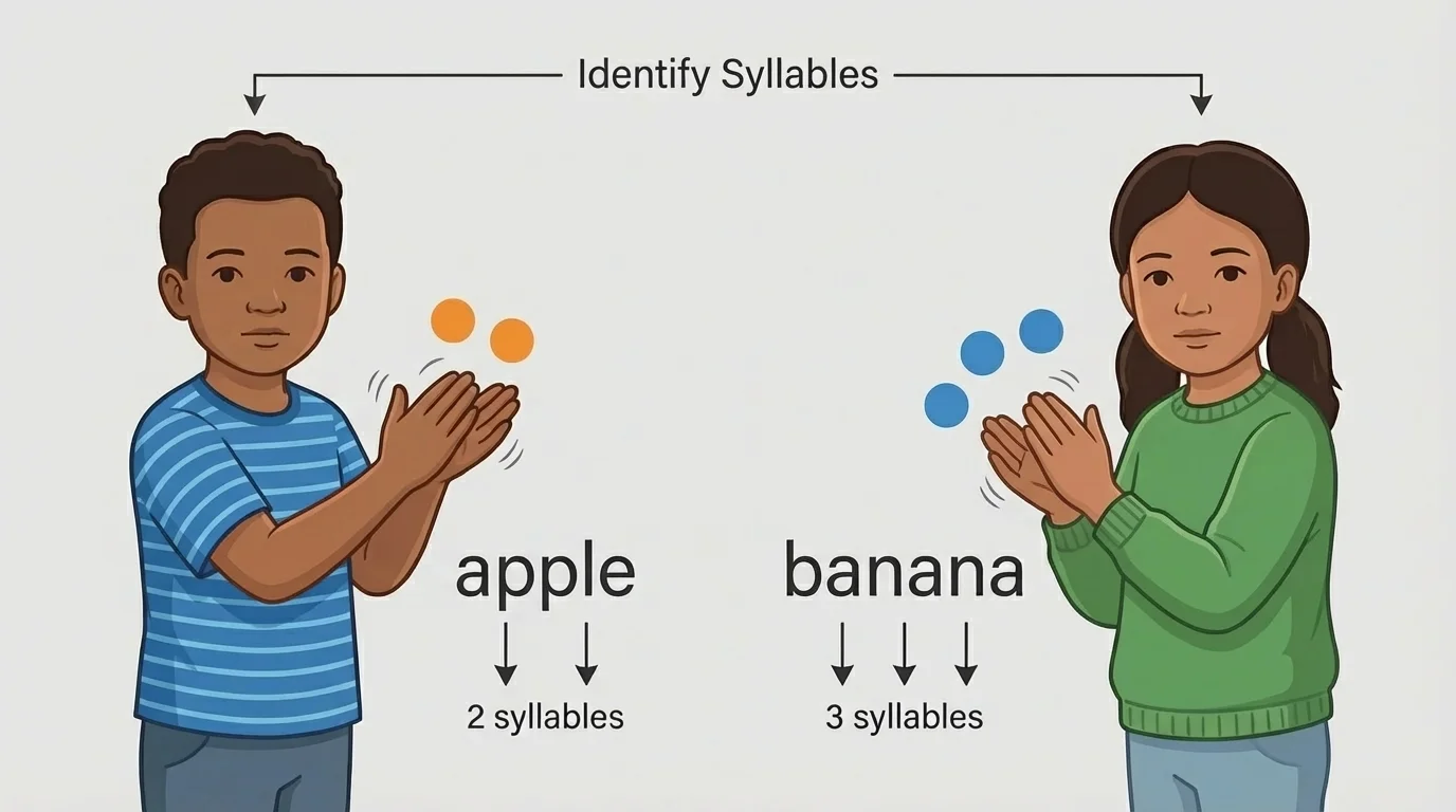 Two children clapping once for each syllable while saying apple and banana, with hands mid-clap and simple beat marks
