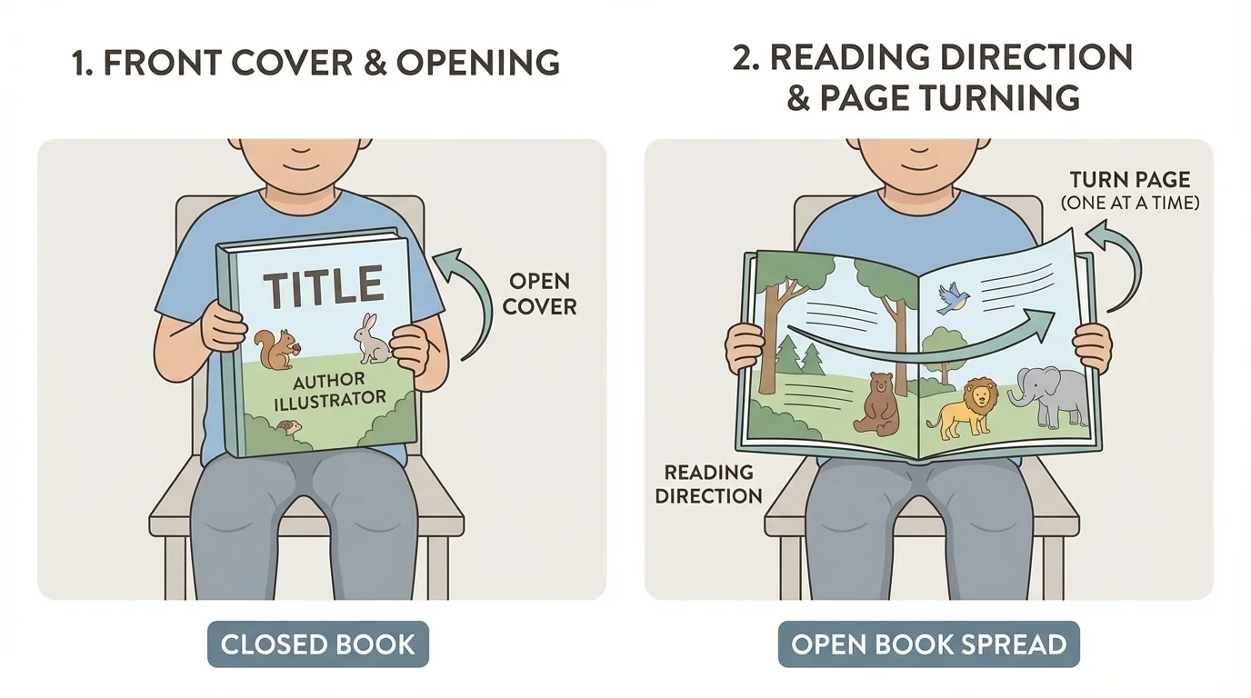 child holding a picture book, front cover visible, arrows showing opening from the front and turning pages one at a time toward the back