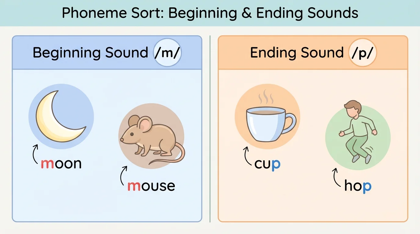Simple two-column sound sort with one column for words starting with /m/ like moon and mouse, and one column for words ending with /p/ like cup and hop