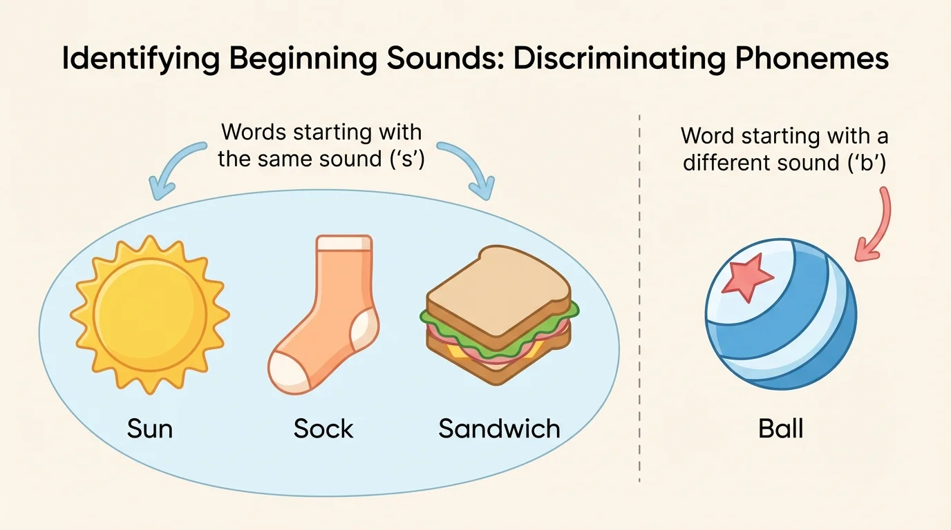 Three simple objects such as sun, sock, and sandwich grouped together, with a ball separate to show same beginning sound