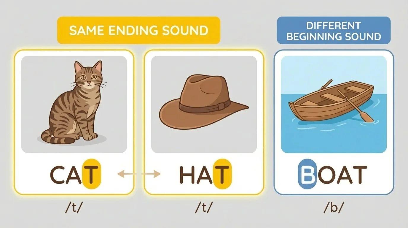 Pictures of cat, hat, and boat, with cat and hat highlighted to show the same ending sound /t/